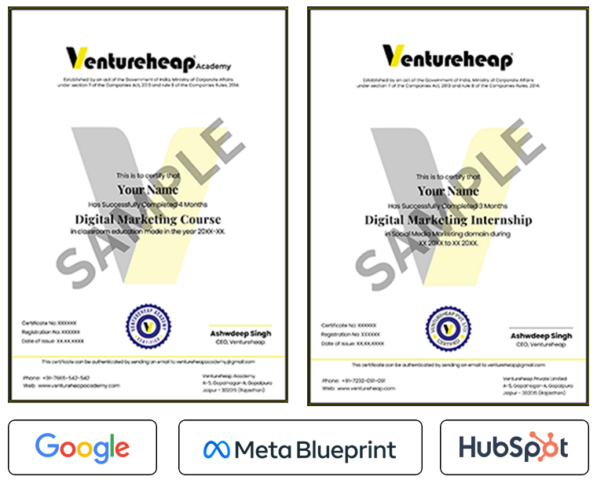 Ventureheap, Google, Meta and HubSpot certificates